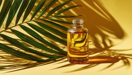 Tropical oil bottle, sunlight, palm leaf, studio shot.  Use product photography