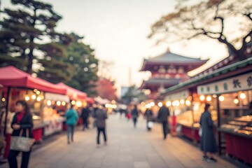 Obraz premium Vibrant Market Scene at Dusk with Blurred Background and Colorful Stalls in Soft Focus