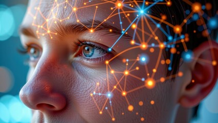 Image showcases close up of person face with digital overlay of interconnected nodes and lines, symbolizing ai mental health monitoring