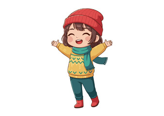 Cheerful Cartoon Girl in Winter Outfit with Open Arms.