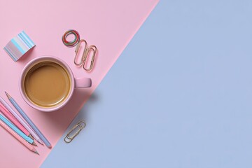 Pastel coffee break office supplies flat lay