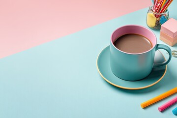 Pastel coffee cup, colorful stationery, desk