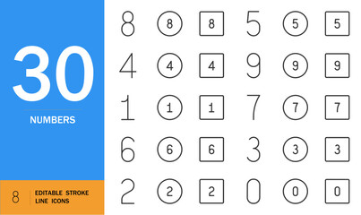 Number icon set. Minimalist vector numbers pack. Simple line drawing icons from 1 to 19 with square symbols, circular dots and diamonds. Clean flat design on white background. Editable stroke.