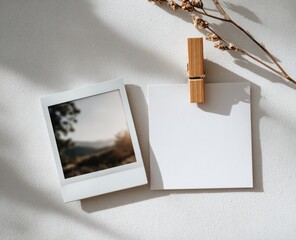 Instant photo, blank paper, sunlight, nature scene,  home office
