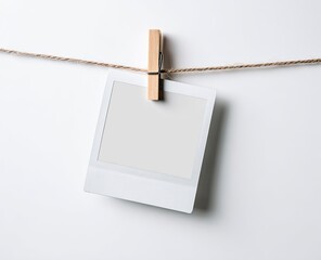Empty instant photo on clothesline, white background.  Blank space for mockup