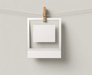 Blank photo print, clothesline, gray wall, mockup.  Possible use  design