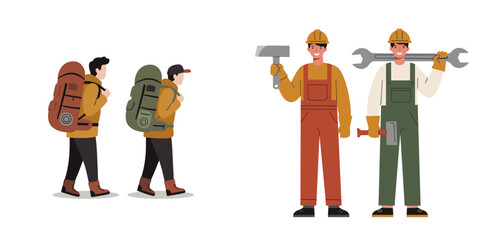 Two people with gear walking outdoors and holding tools in hands. Оn transparent background. Versatile concept for work, adventure, exploration. Web design, app icons, infographics