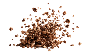 Flying crushed pecans with high speed motion effect isolated on transparent background