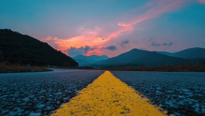 Asphalt road leading to mountain sunset