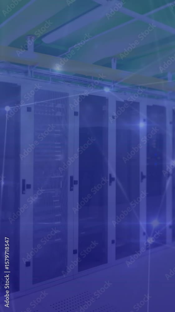 Poster animation of connected dots over data server systems in server room