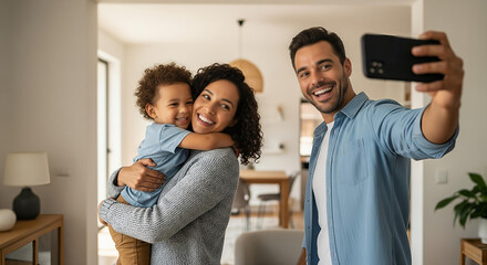 Parents Smiling With Child on Shoulders Indoors