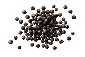 Whole black peppercorns with scattered culinary spice texture isolated on transparent background