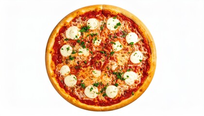 Round pizza with cheese and herbs