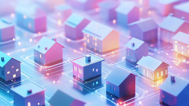 A virtual real estate marketplace in a pastel-colored 3D city, where buyers interact with tokenized properties displayed as floating, geometric blocks, 