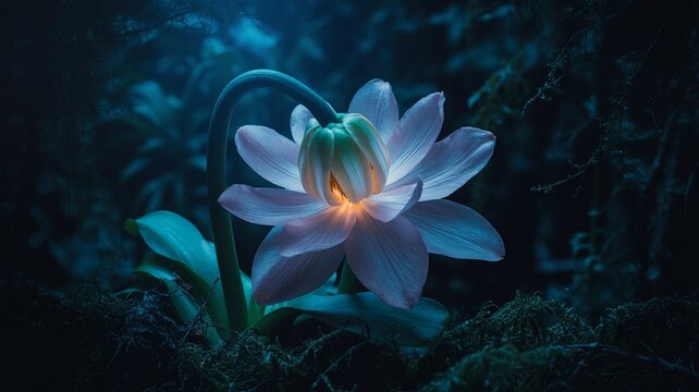 Enchanted glowing water lily opens its petals in a dark mystical forest - Powered by Adobe