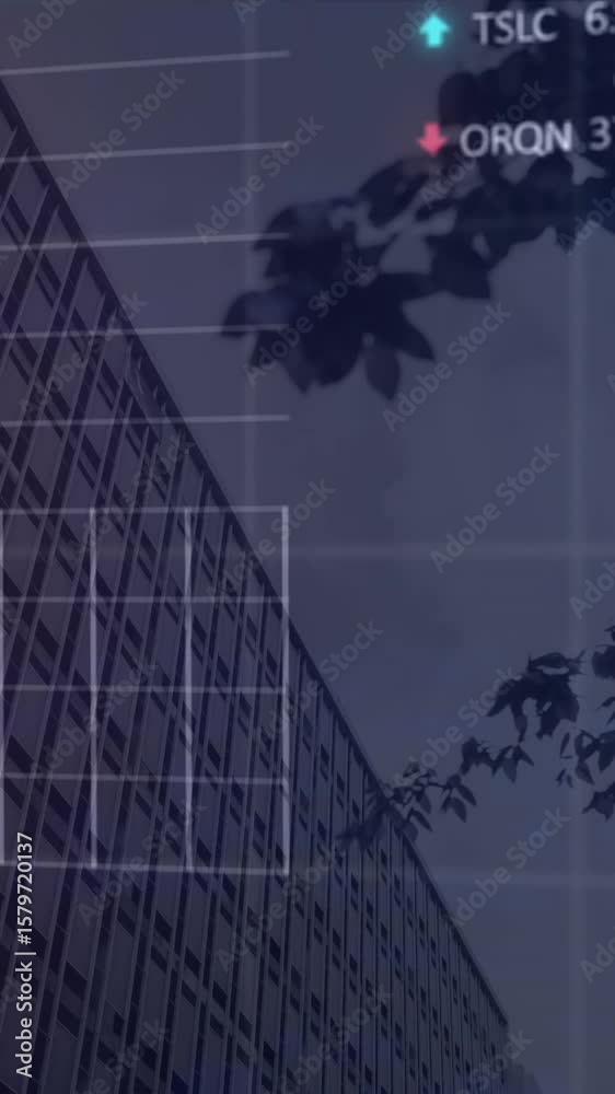 Poster animation of multiple graphs and trading boards over low angle view of tree and building