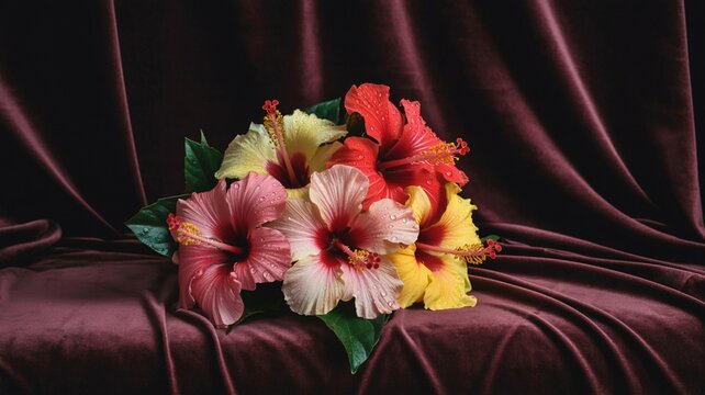 A vibrant bouquet of multi colored hibiscus flowers with water droplets on a luxurious dark velvet background
