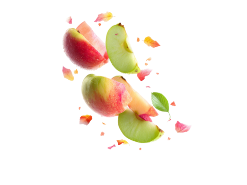 Juicy apple slices falling isolated on black background, Isolated On Transparent Background, Png