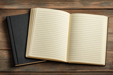 Open lined notebook rests on a wooden surface with a closed black notebook nearby