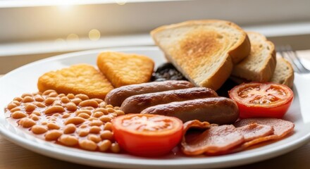 Plate of Breakfast Food with Toast Sausages Bacon Tomatoes and Baked Beans