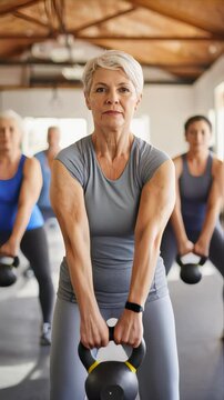Personas adultas mayores realizando ejercicio en grupo dentro de gimnasio luminoso, ambiente saludable enfocado en bienestar f&iacute;sico y envejecimiento activo