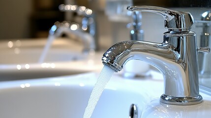 Water flowing from a chrome faucet into a white sink.