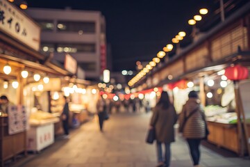 Evening Market Scene with Soft Lights and Stalls in a Vibrant Urban Environment