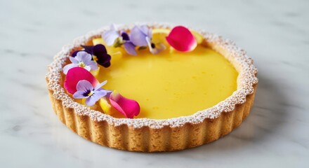 Fresh Lemon Tart with Edible Flowers on Marble Surface