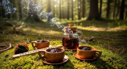 Wooden Cups with Hot Tea on Mossy Forest Floor in Sunlit Nature Setting