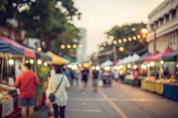 Vibrant Nighttime Street Market with Colorful Stalls and Illuminated Lights in Soft Focus