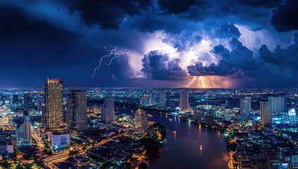 Cityscape at night with dramatic storm