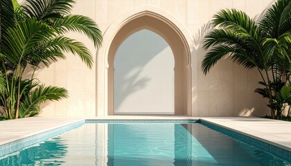 Pool with arches and palms. Tranquil oasis