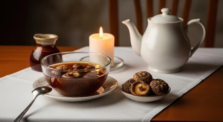 Warm Cozy Breakfast Scene with Teapot Candle and Cookies on White Tablecloth