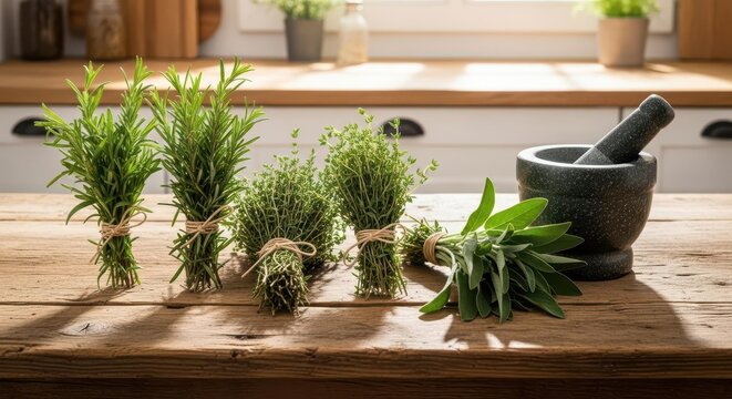 Herb Plants and Mortar and Pestle on Wooden Kitchen Counter in Bright Natural Light - Powered by Adobe
