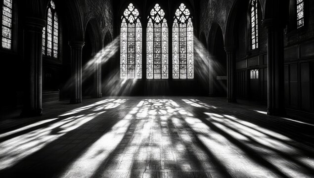 Empty gothic church, sunbeams through stained glass - Powered by Adobe