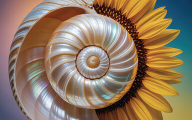 Obraz premium Elegant Seashell and Bright Sunflower Composition in Pastel Colors for Nature's Harmony