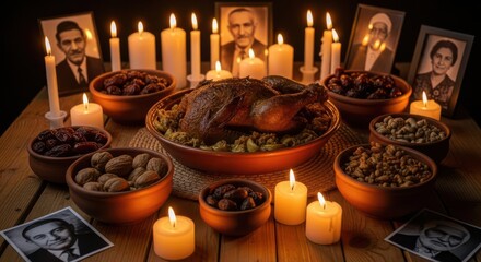 Traditional Memorial Altar with Roasted Meat Candles Photos of Ancestors and Bowls of Nuts and Dried Fruits