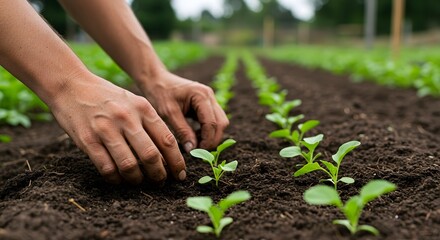 A person planting small green seedlings in rows in dark soil on a farm on a cloudy day in a rural settingsupporting sustainable production - Farmers' Day