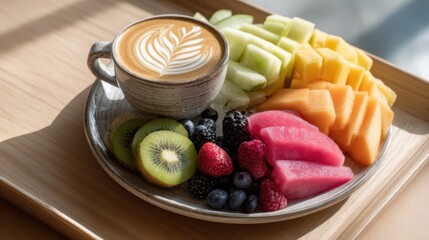 Fresh Fruit Platter with Coffee and Beautiful Latte Art Display