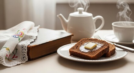Warm Breakfast Scene with Toast Butter Tea and Vintage Book