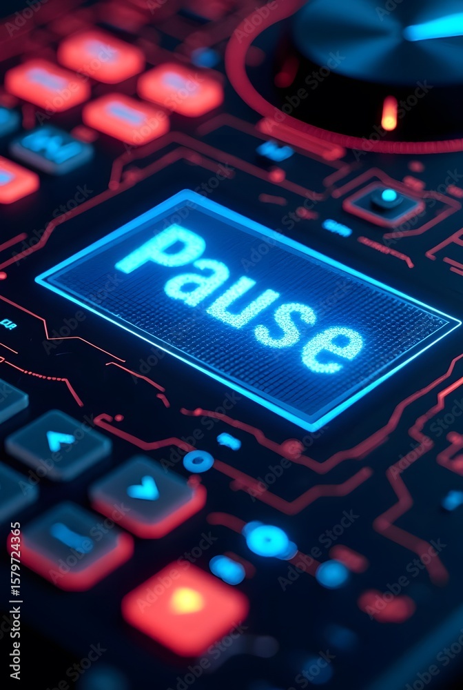 Poster a futuristic control panel glows with vibrant red and blue accents, vertical composition. the illumi