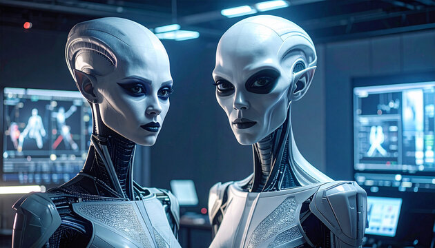 Futuristic female alien androids in a high-tech lab, blending artificial intelligence with extraterrestrial aesthetics.