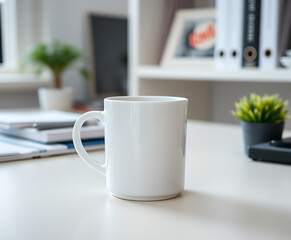 A pristine white mug sits on a bright office desk, beside small potted plants, suggesting a moment of calm amidst a busy day, perfect for advertisements or blog post visuals.