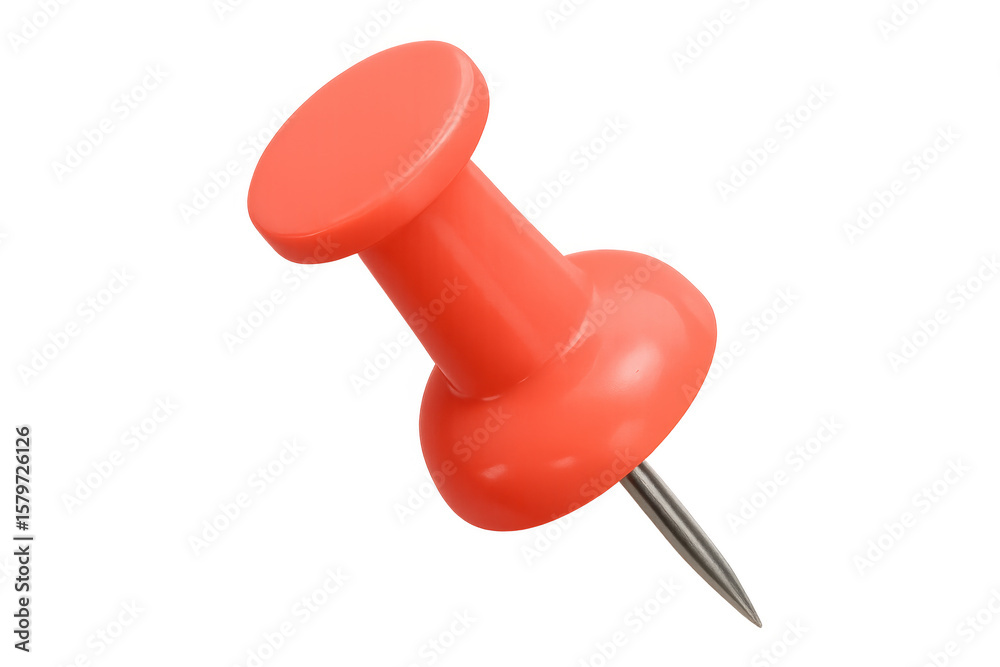 Poster red plastic push pin standing vertically against transparent background, highlighting sharp point an