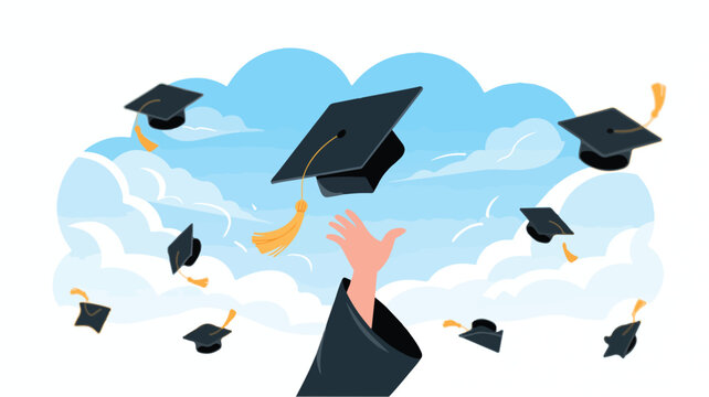 Graduation cap tossed in the air by a student in a cap and gown against a cloudy blue sky