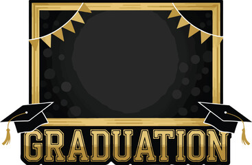 Celebratory graduation frame with pennant banner and academic caps for photo booth or announcement
