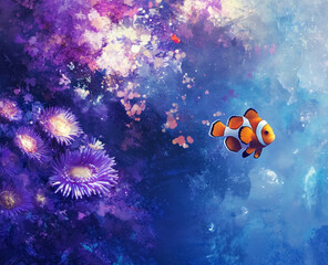 Obraz premium Clownfish Among Colorful Anemones