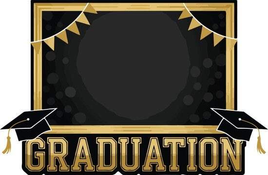 Celebratory graduation frame with pennant banner and academic caps for photo booth or announcement