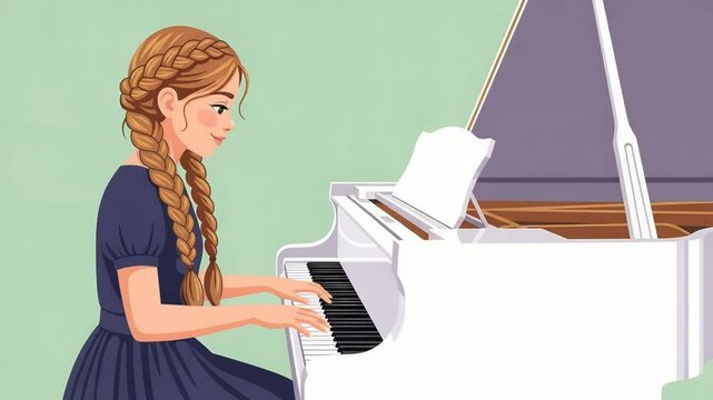 Animated girl with braided hair playing a white piano illustration concept