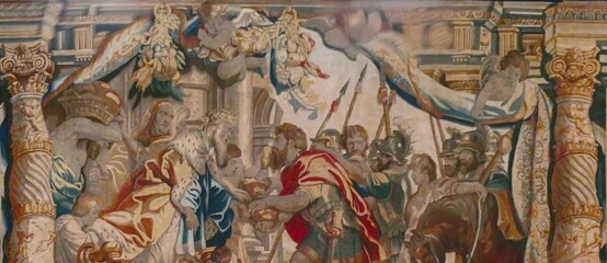 Tapestry depicting roman soldiers bringing tribute to the emperor and empress, with classical...